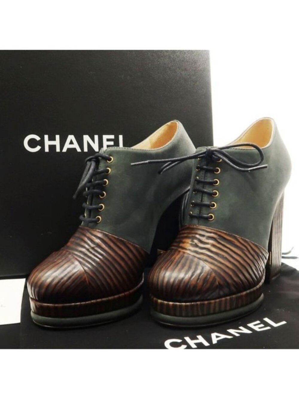 Chanel Booties Chunky Heel 14 A C7257 Lace Up 36 Leather Wood-like